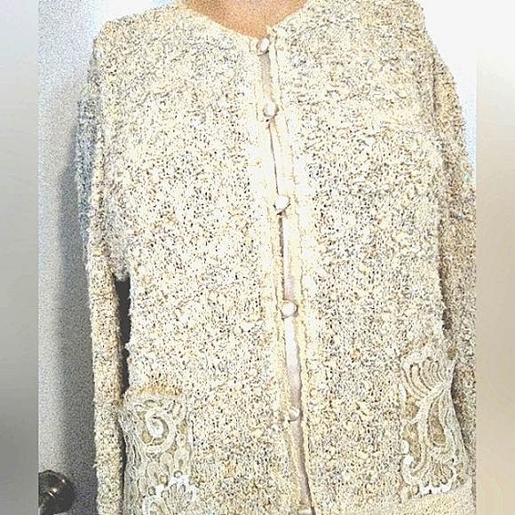 ST JOHN COUTURE 8 BOUCLE CROCHET AURORA BOREALIS LACE CREAM WOOL SILK SKIRT SUIT - Picture 11 of 16